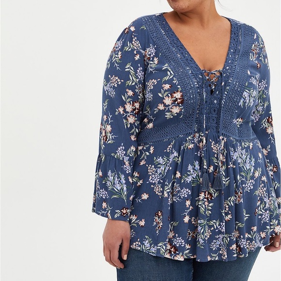 torrid Tops - TORRID VINTAGE INDIGO FLORAL GAUZE LACE-UP BABYDOLL BLOUSE